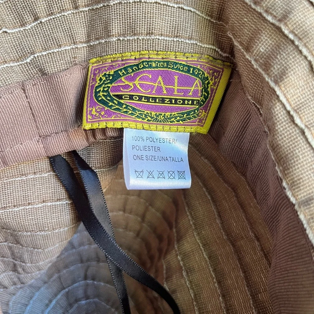 Scala Hat One Size - packable, striped polyester hat - tan with‎ white stripe.